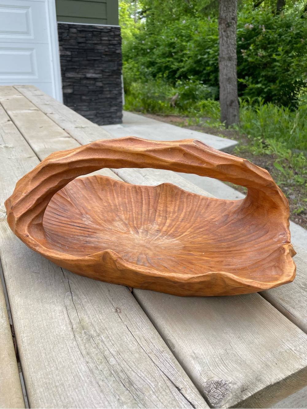 Vintage MCM One Piece Hand Carved Wooden Basket Bowl, 15”